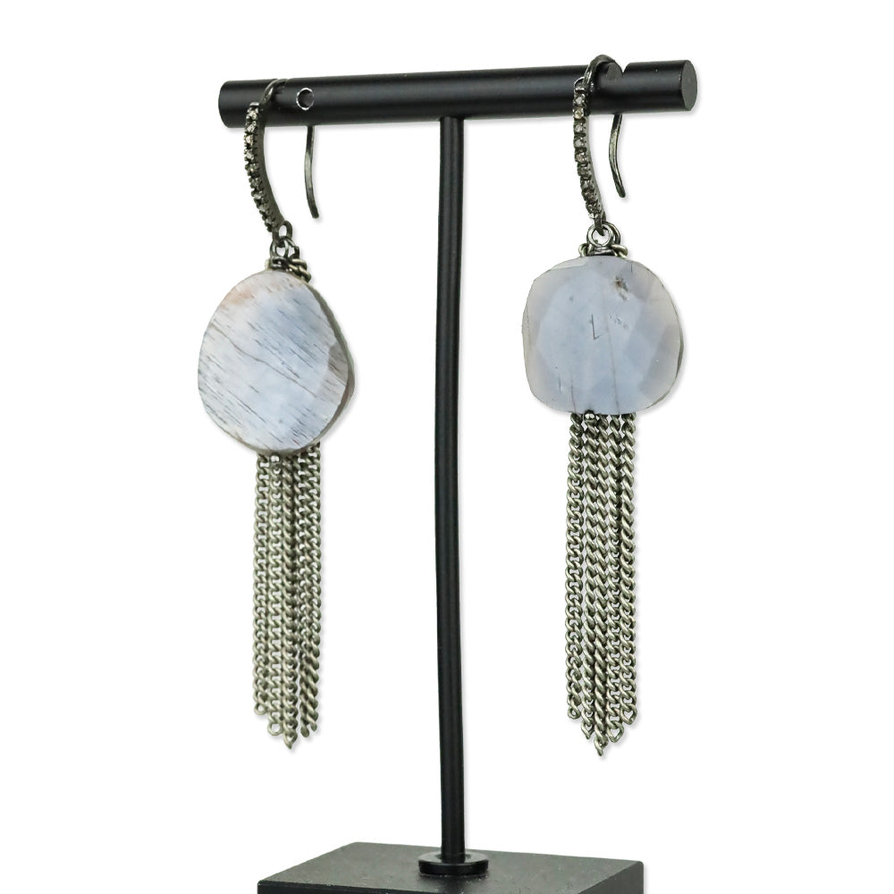 Semi-Precious Faceted Purple Stone Silver-Tone Tassel Earrings