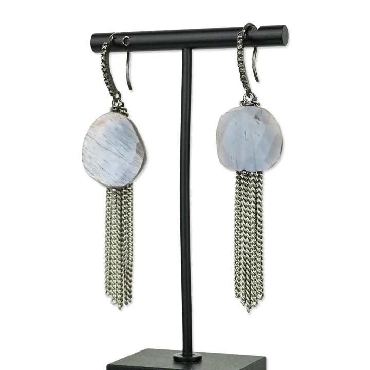 Semi-Precious Faceted Purple Stone Silver-Tone Tassel Earrings