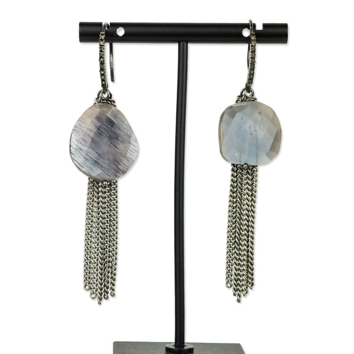 Semi-Precious Faceted Purple Stone Silver-Tone Tassel Earrings