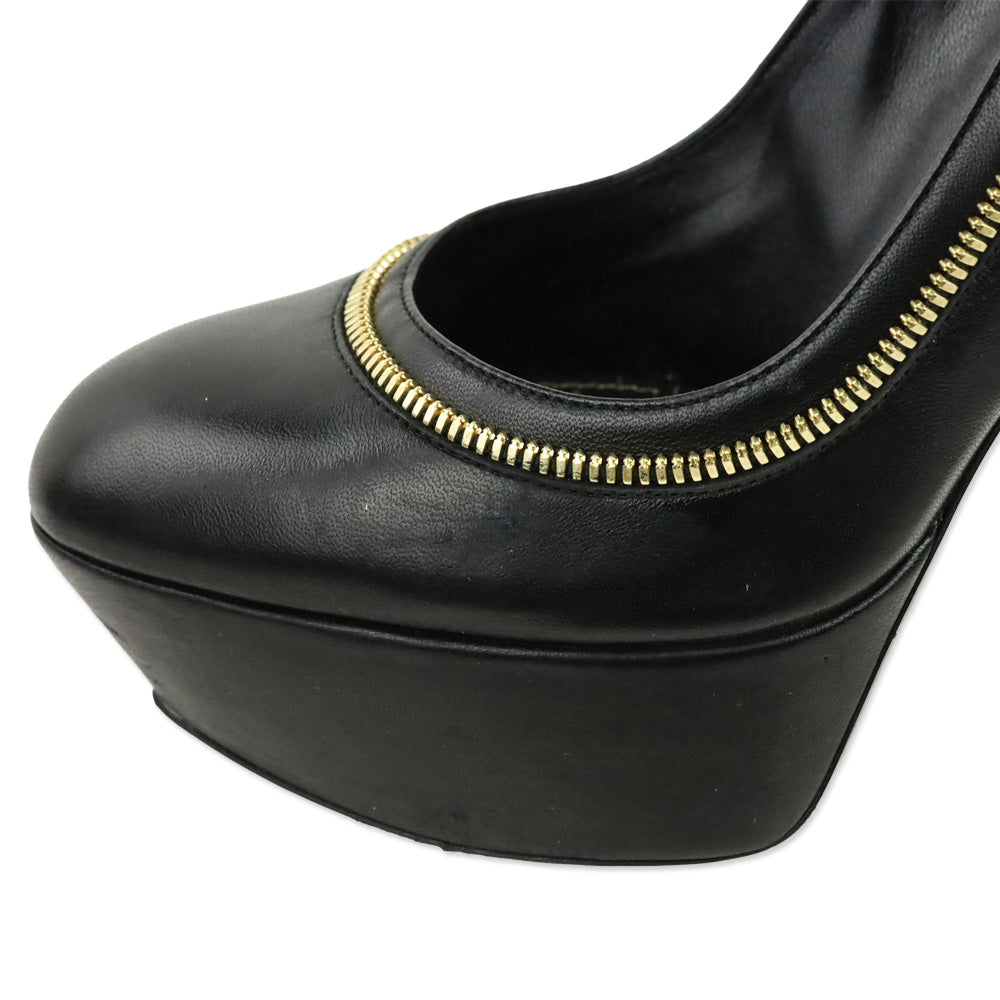 Sergio Rossi Black Leather Zipper Trim Agata Platform Pump