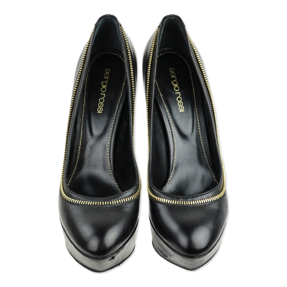 Sergio Rossi Black Leather Zipper Trim Agata Platform Pump