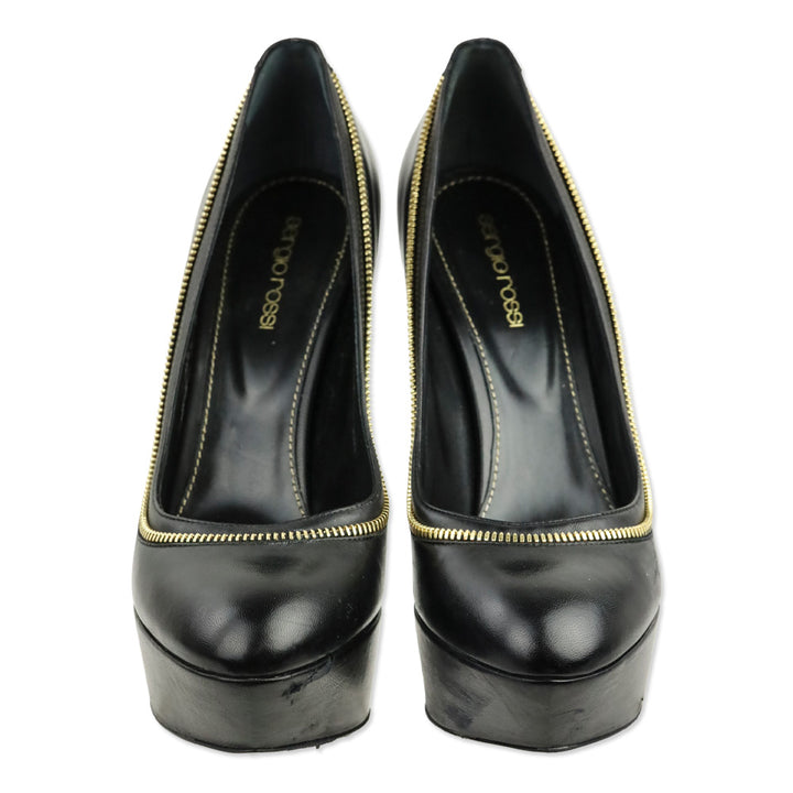 Sergio Rossi Black Leather Zipper Trim Agata Platform Pump