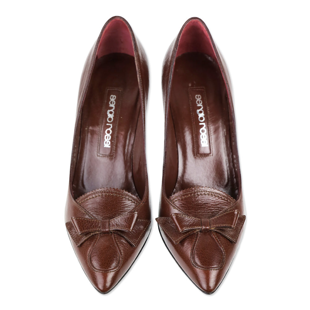 Sergio Rossi Brown Leather Bow Pointed Pump