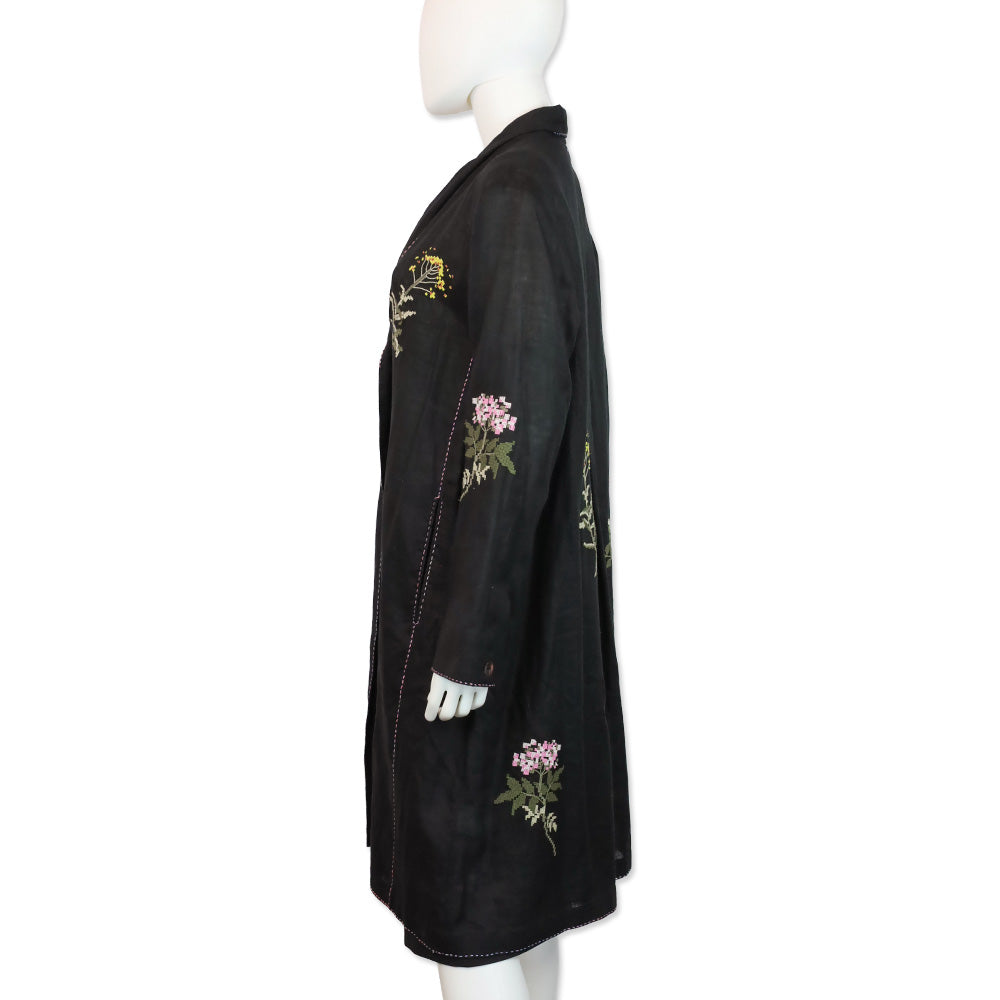 Seventy Venezia Black Linen Floral Embroidered Coat