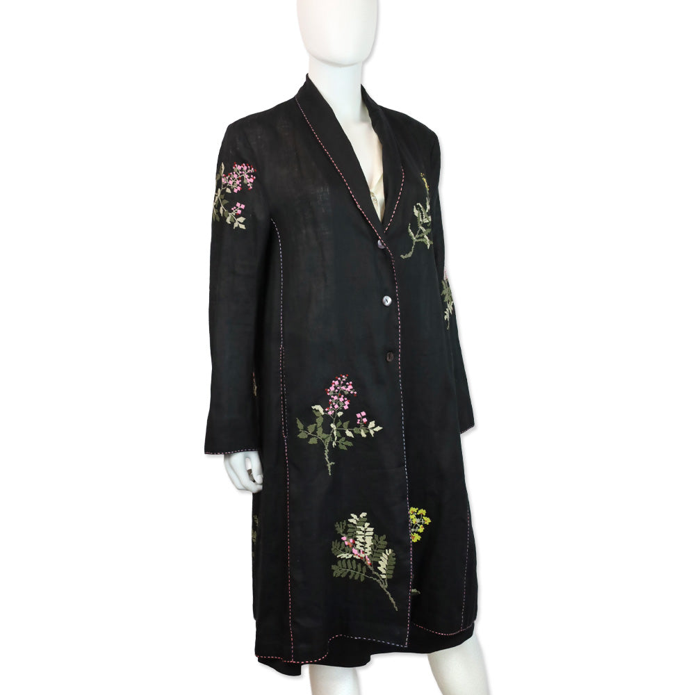 Seventy Venezia Black Linen Floral Embroidered Coat