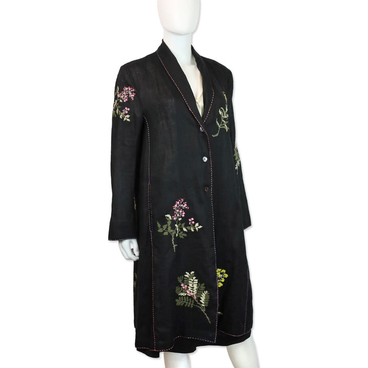 Seventy Venezia Black Linen Floral Embroidered Coat