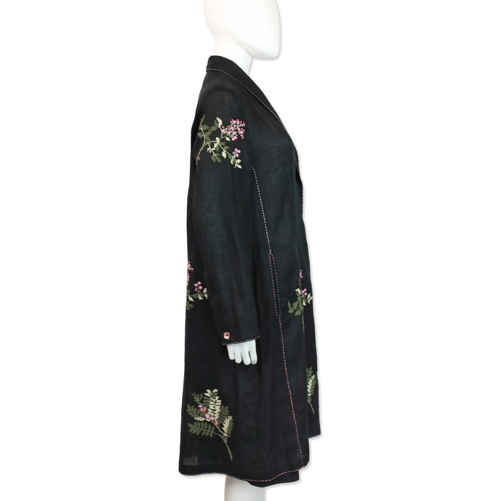 Seventy Venezia Black Linen Floral Embroidered Coat