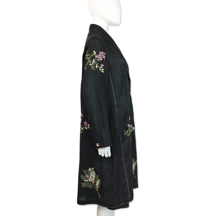 Seventy Venezia Black Linen Floral Embroidered Coat