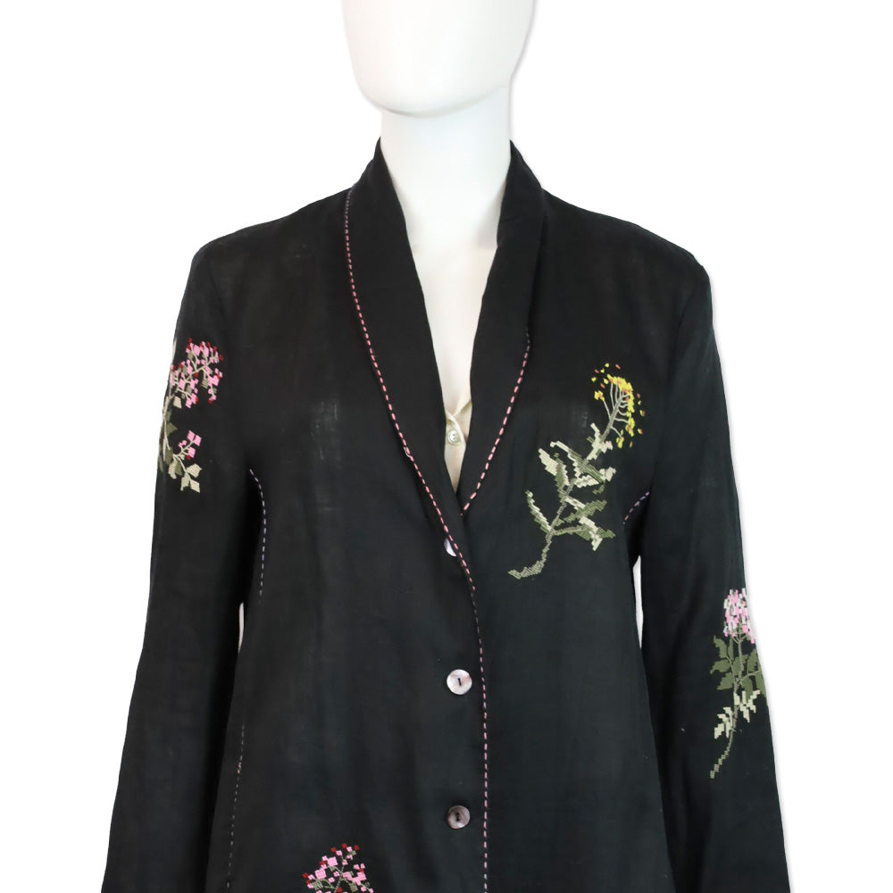 Seventy Venezia Black Linen Floral Embroidered Coat