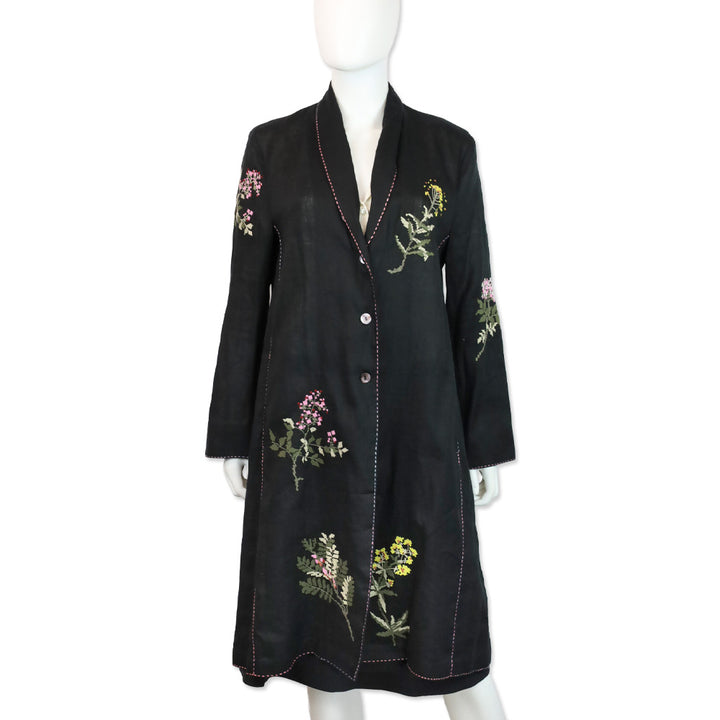 Seventy Venezia Black Linen Floral Embroidered Coat