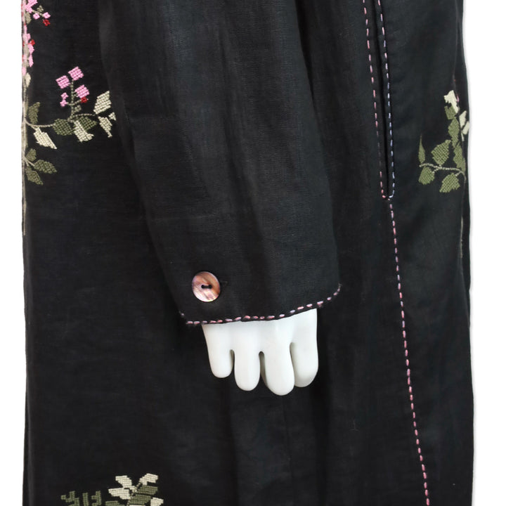 Seventy Venezia Black Linen Floral Embroidered Coat