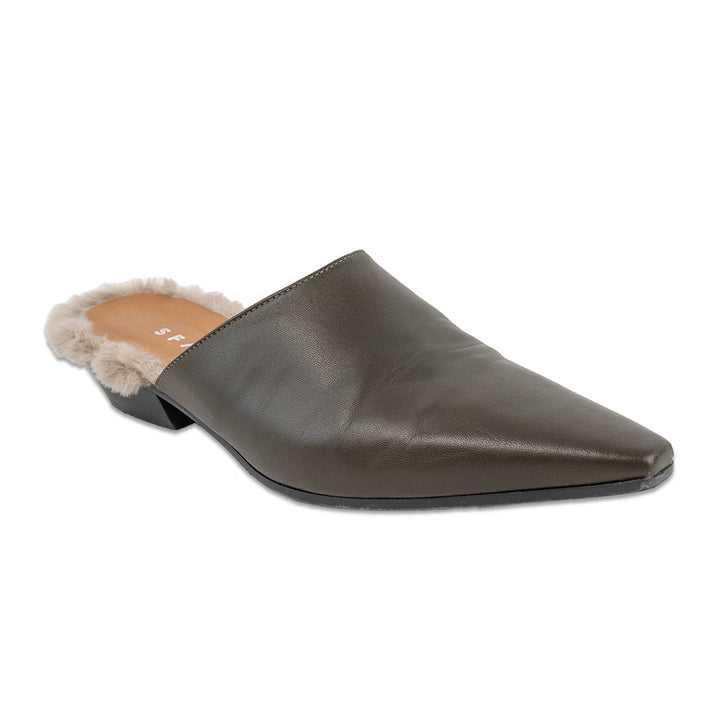 Sfizio Pointed Toe Olive Leather Fur-Trim Mule