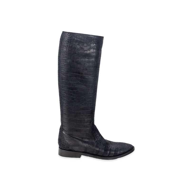 Sigerson Morrison Cayman Black Croc Embossed Leather Knee-High Riding Boots