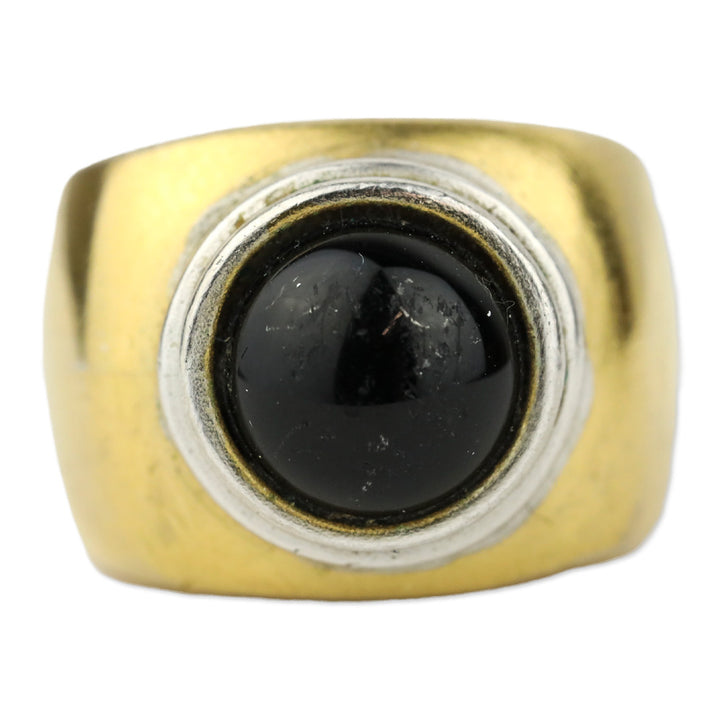 Silver Trimmed Dome Black Stone Gold-Tone Ring