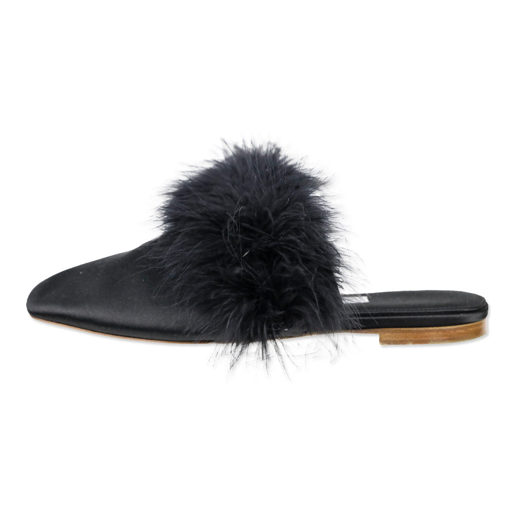 Sleeper Manon Black Satin Feather Mule Slippers