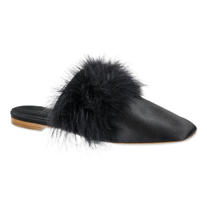 Sleeper Manon Black Satin Feather Mule Slippers