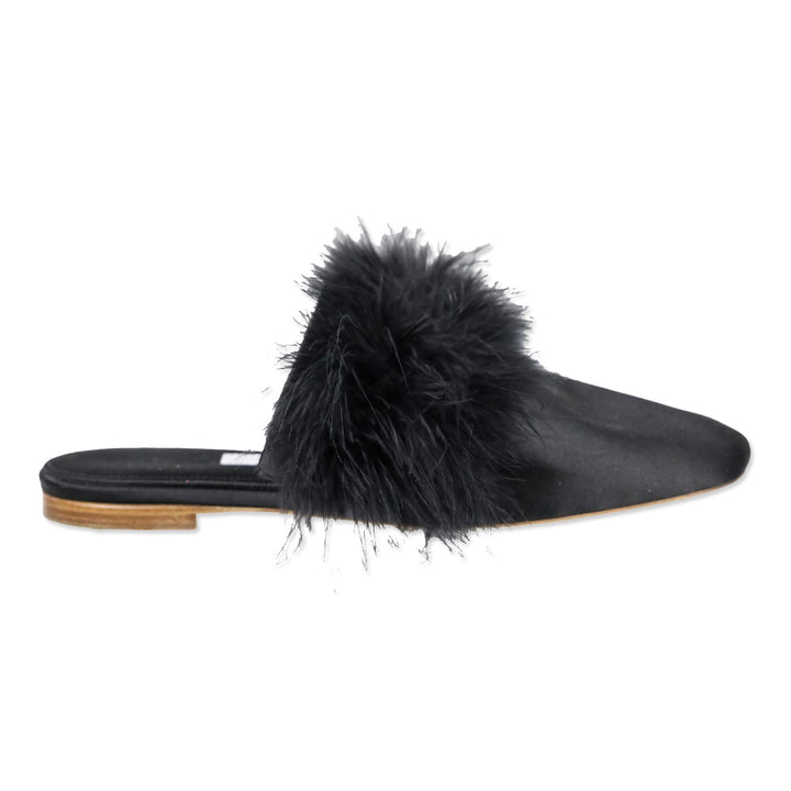 Sleeper Manon Black Satin Feather Mule Slippers