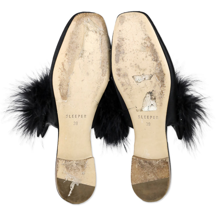Sleeper Manon Black Satin Feather Mule Slippers