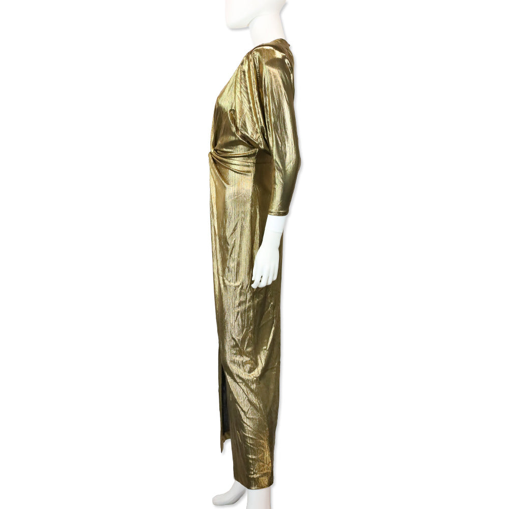 Smythe Metallic Gold Sharp Shoulder Twist Midi Dress