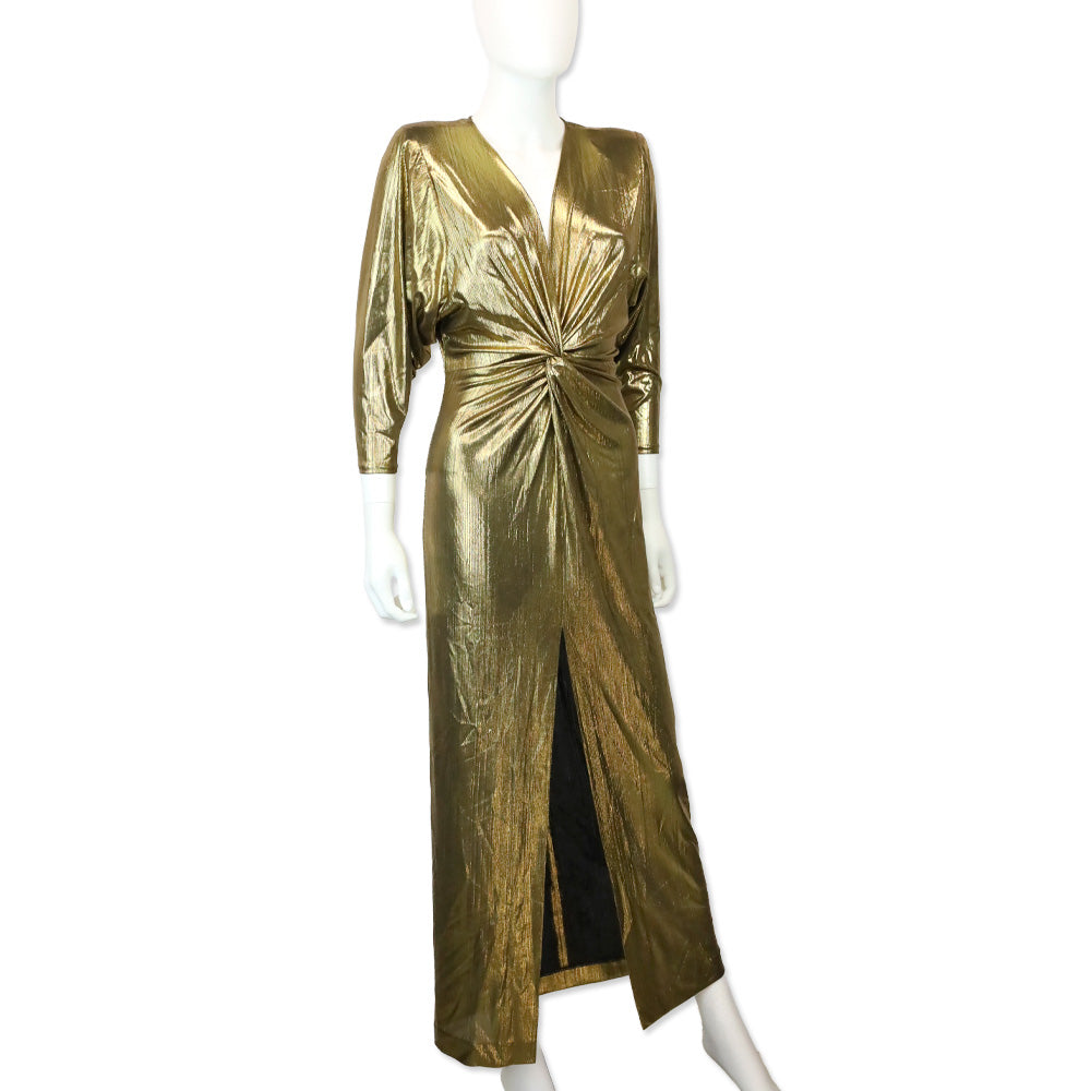Smythe Metallic Gold Sharp Shoulder Twist Midi Dress
