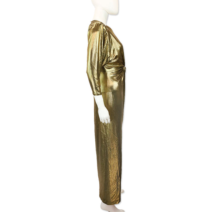 Smythe Metallic Gold Sharp Shoulder Twist Midi Dress
