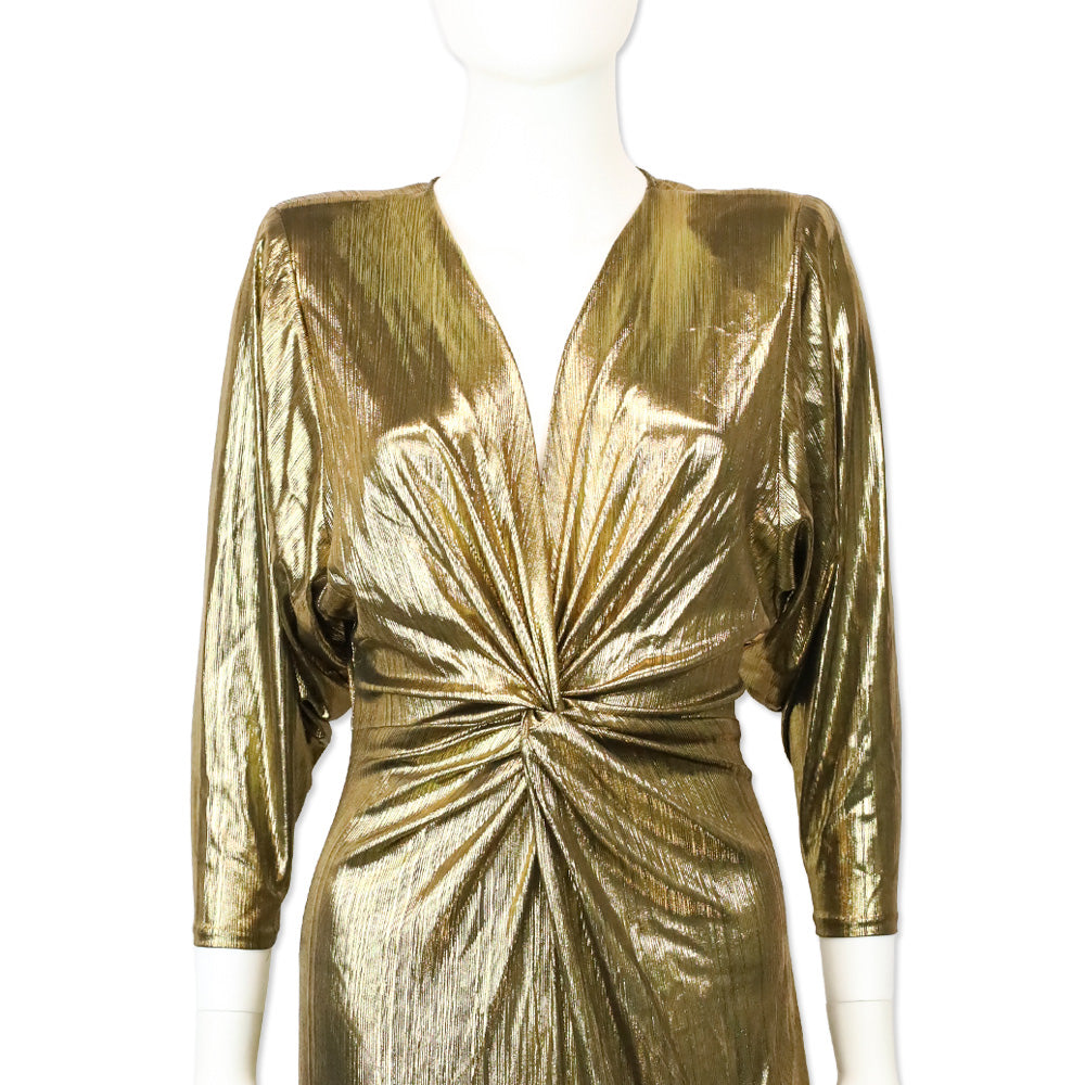 Smythe Metallic Gold Sharp Shoulder Twist Midi Dress