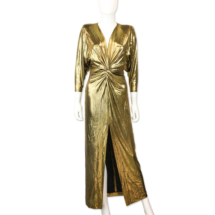 Smythe Metallic Gold Sharp Shoulder Twist Midi Dress