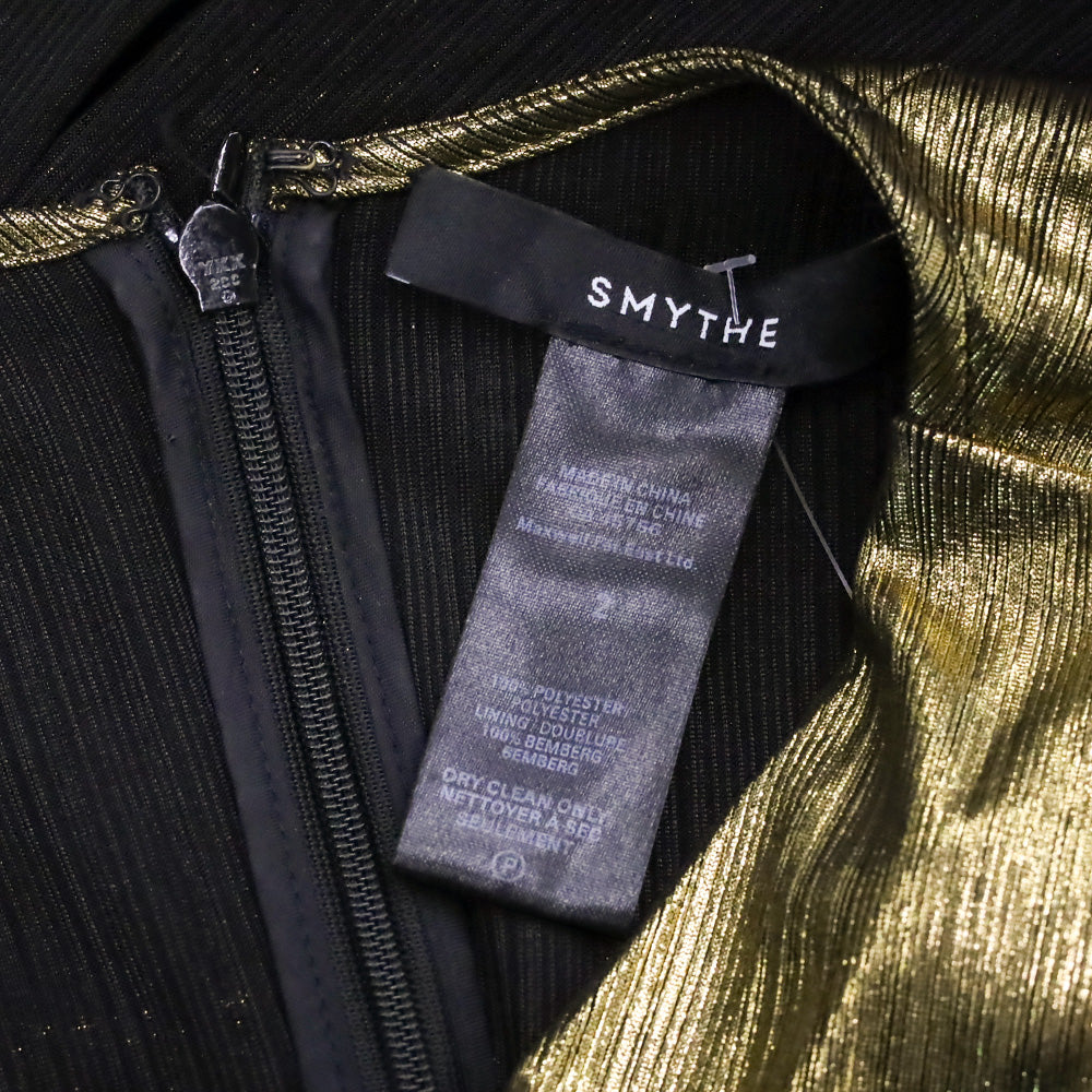 Smythe Metallic Gold Sharp Shoulder Twist Midi Dress