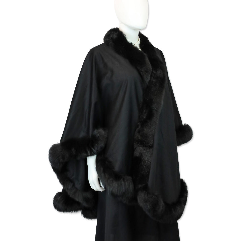 Sofia Cashmere Black Cervinia Fox Fur Trimmed Cashmere Cape