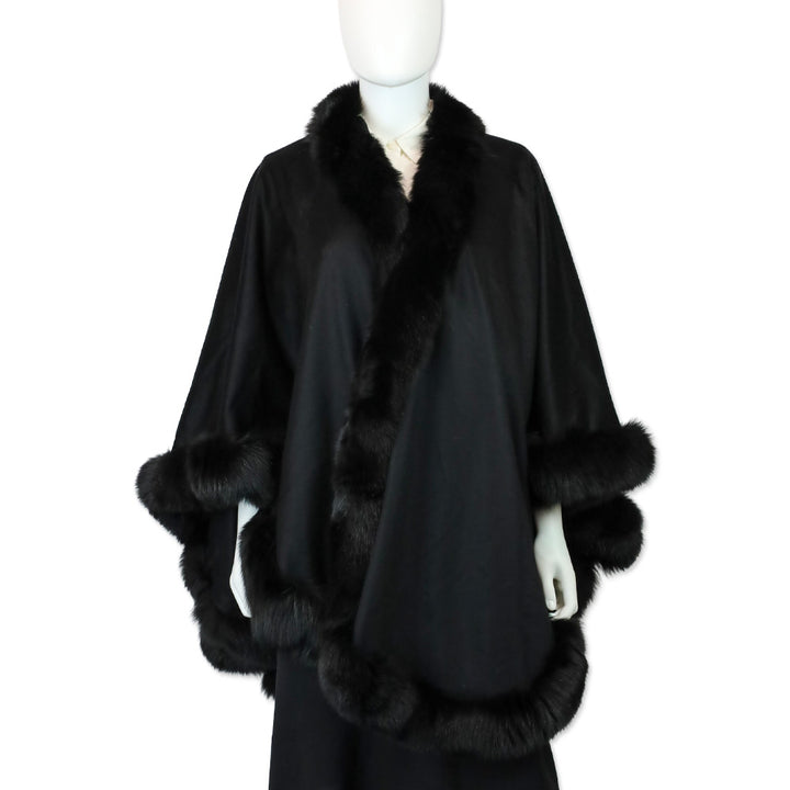 Sofia Cashmere Black Cervinia Fox Fur Trimmed Cashmere Cape