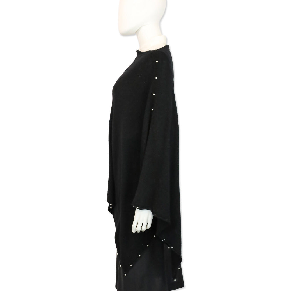 Sofia Cashmere Black Knit Wool & Cashmere-Blend Pearl Trim Poncho