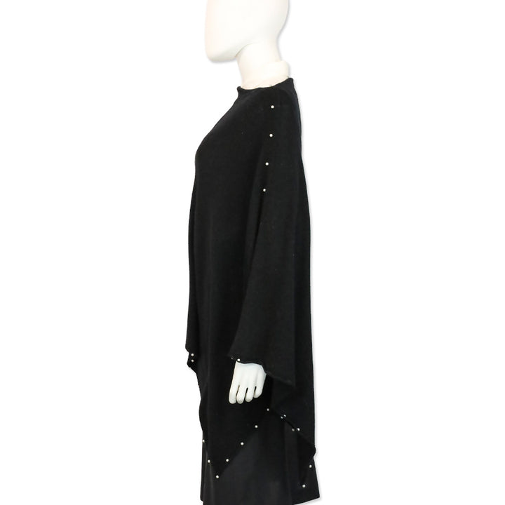Sofia Cashmere Black Knit Wool & Cashmere-Blend Pearl Trim Poncho