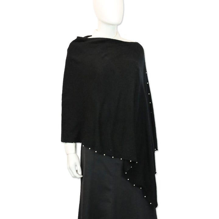 Sofia Cashmere Black Knit Wool & Cashmere-Blend Pearl Trim Poncho