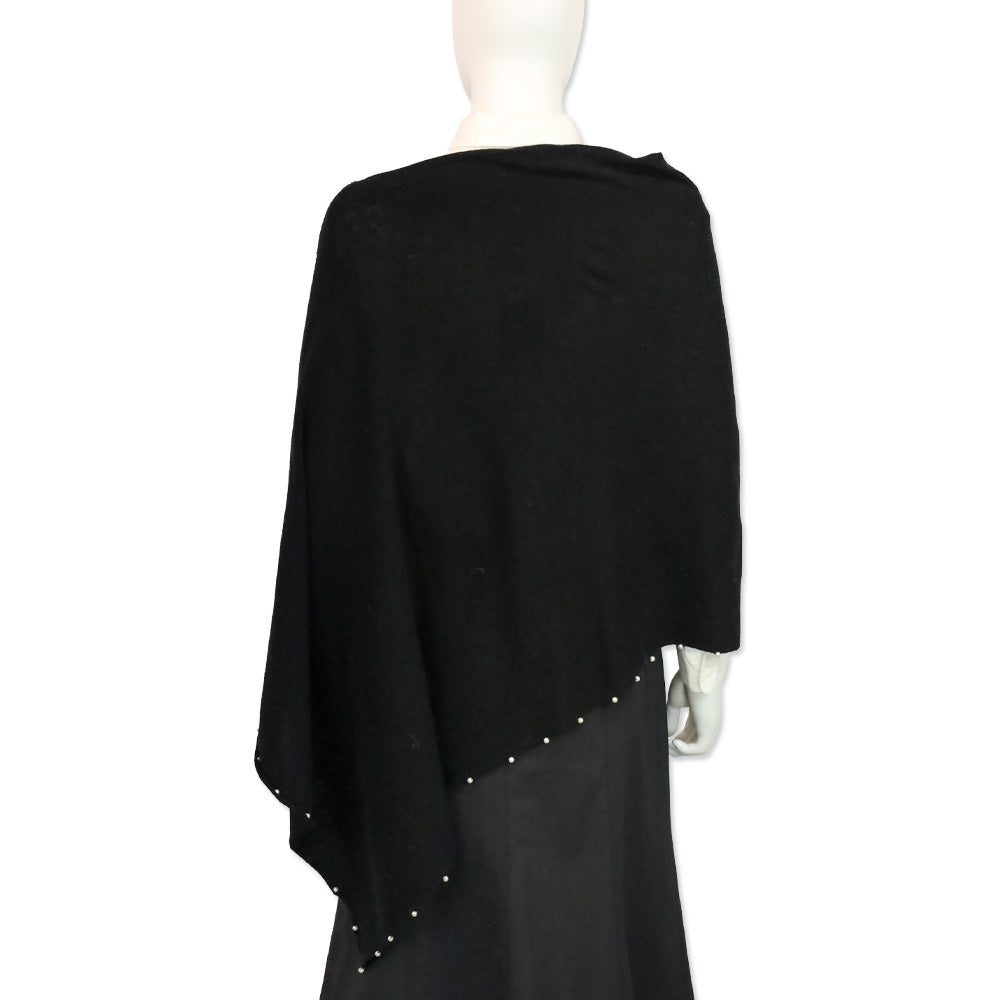 Sofia Cashmere Black Knit Wool & Cashmere-Blend Pearl Trim Poncho