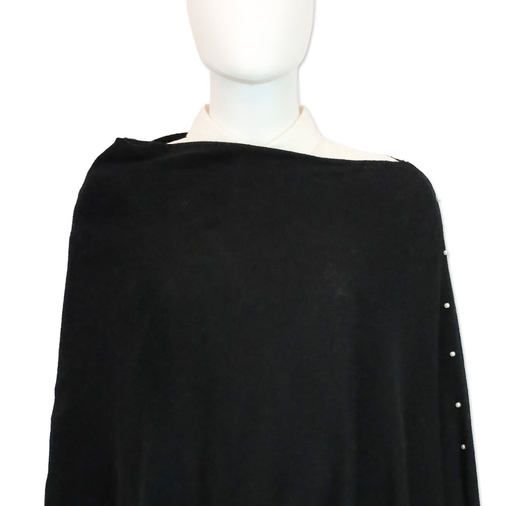 Sofia Cashmere Black Knit Wool & Cashmere-Blend Pearl Trim Poncho