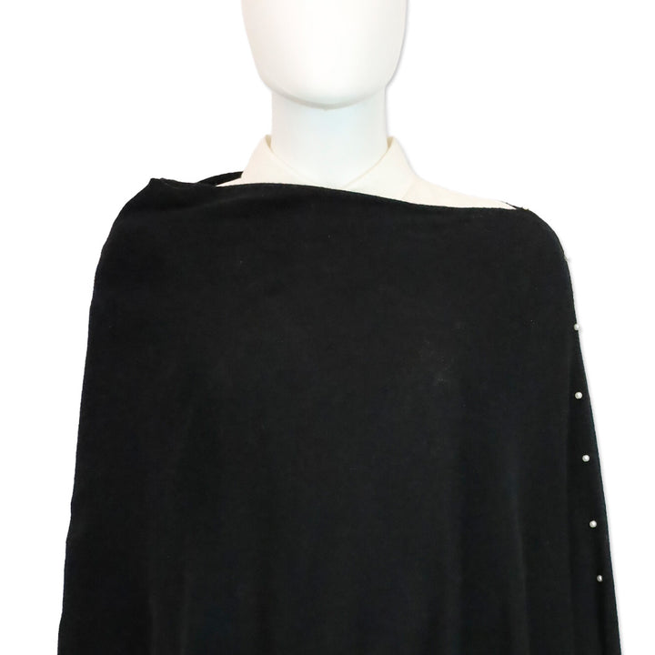 Sofia Cashmere Black Knit Wool & Cashmere-Blend Pearl Trim Poncho