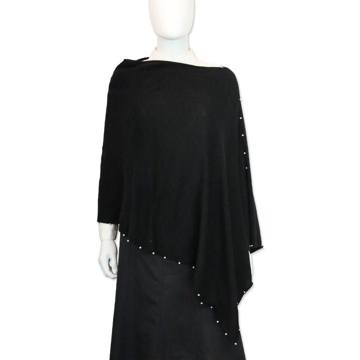 Sofia Cashmere Black Knit Wool & Cashmere-Blend Pearl Trim Poncho