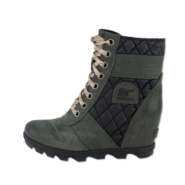 Sorel Lexie Green Leather Black Quilted Puffer Wedge Boot