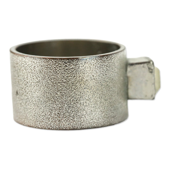 Square Cut Crystal Silver-Tone Wide Band Ring