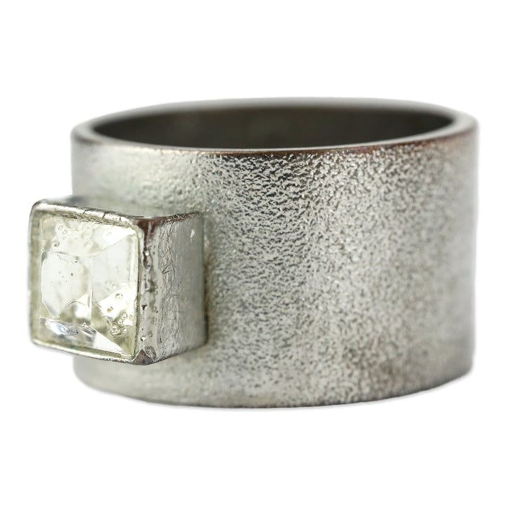 Square Cut Crystal Silver-Tone Wide Band Ring