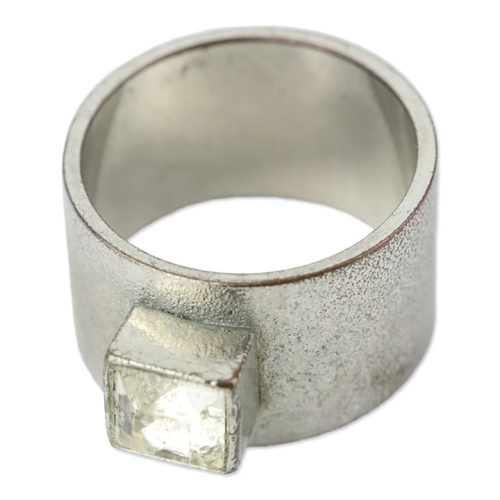 Square Cut Crystal Silver-Tone Wide Band Ring