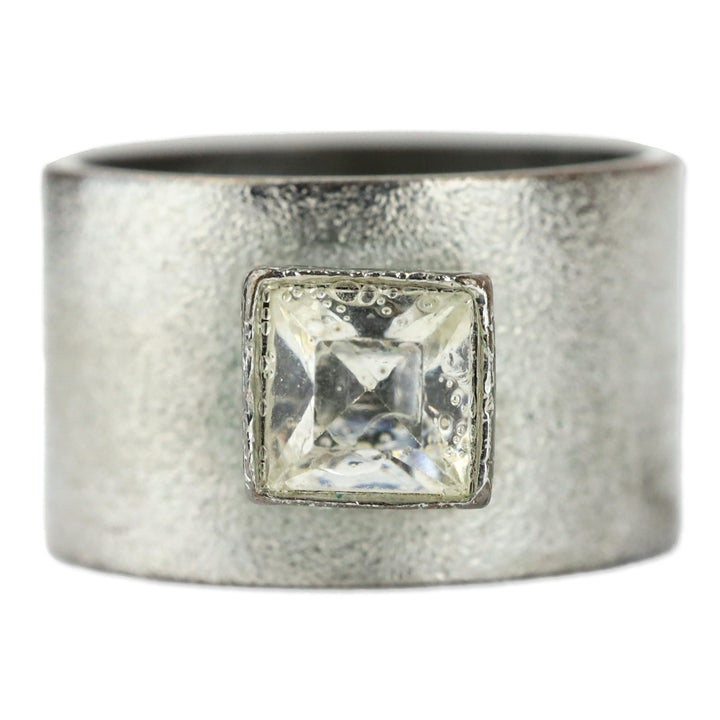 Square Cut Crystal Silver-Tone Wide Band Ring