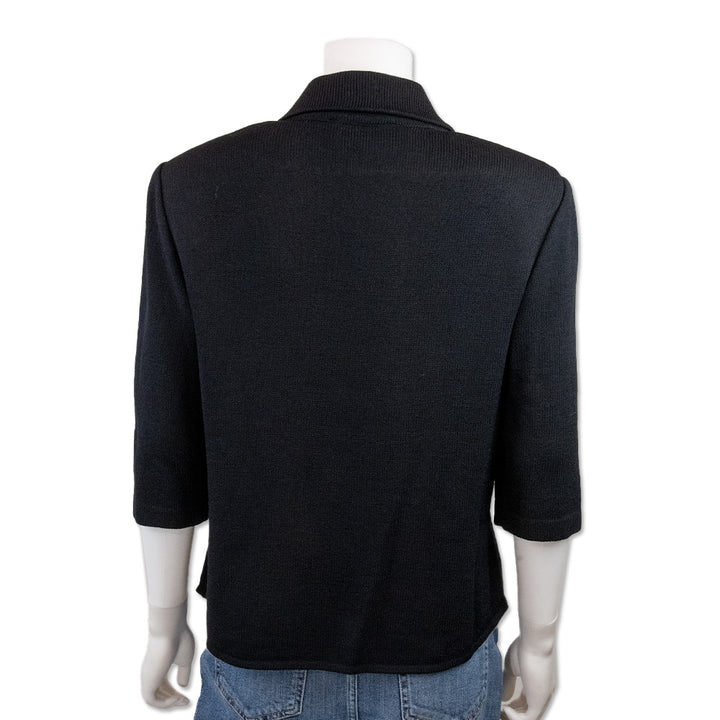 St. John Black Knit 3/4 Sleeve Collared Top with Gold Buttons