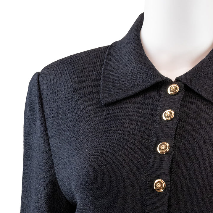 St. John Black Knit 3/4 Sleeve Collared Top with Gold Buttons