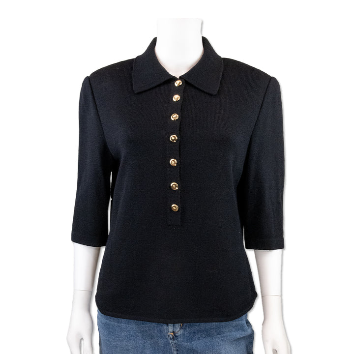 St. John Black Knit 3/4 Sleeve Collared Top with Gold Buttons