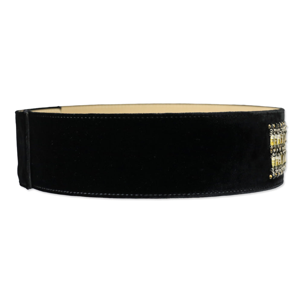 St. John Black Velvet Crystal Beaded Wide Belt