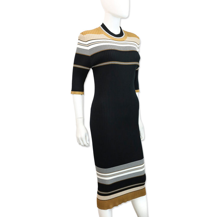 St. John Black/Brown/White Striped Ribbed Knit Maxi Dress