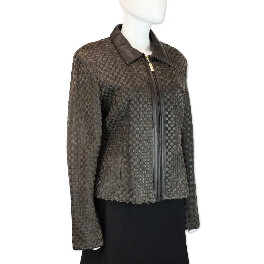 St. John Brown Woven Suede/Leather Zip-Up Jacket