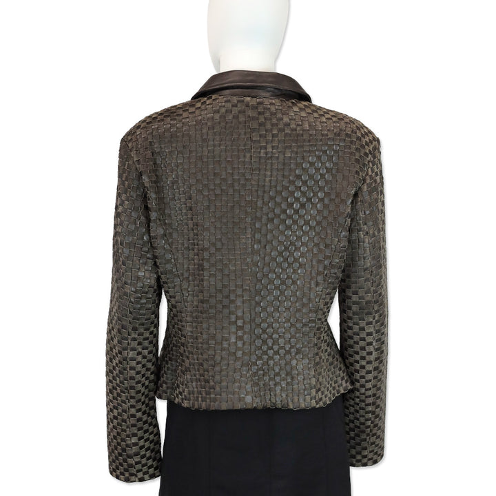 St. John Brown Woven Suede/Leather Zip-Up Jacket