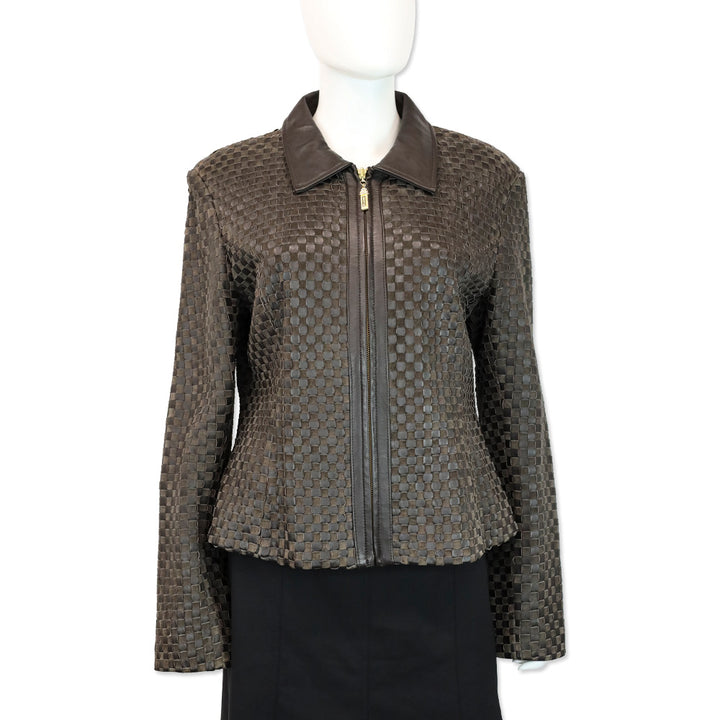 St. John Brown Woven Suede/Leather Zip-Up Jacket